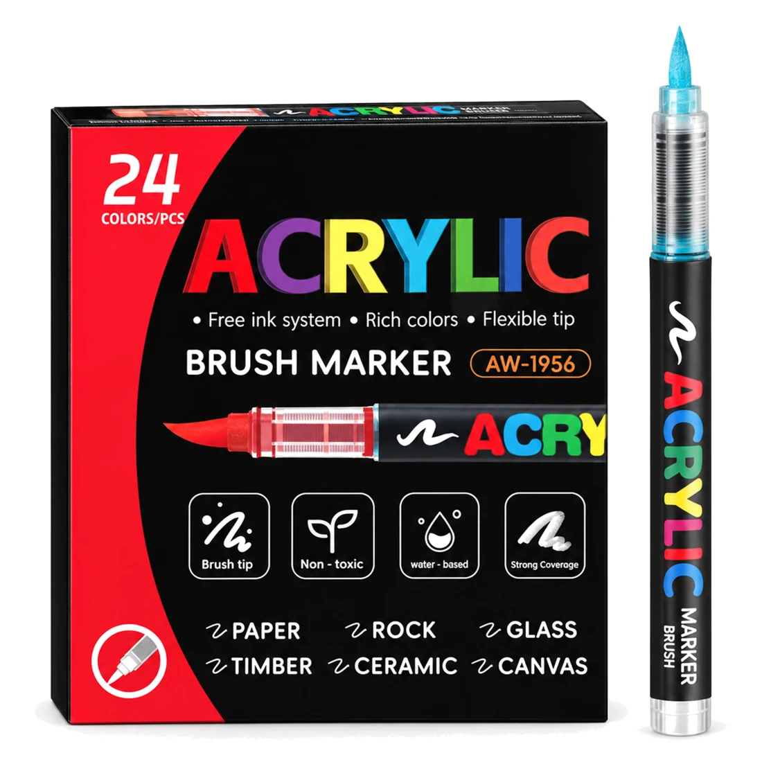 24 renk akrilik marker seti ve esnek fırça uçlu kalem